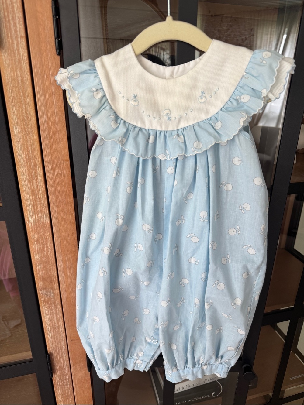 Vintage embroidered romper ruffle bib collar apples fruits baby girl scalloped
